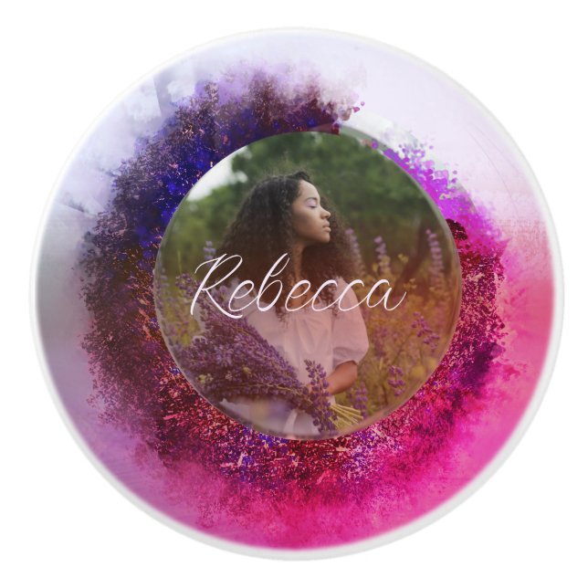 Luxurious Purple and Pink Ombre Circle Frame Photo Ceramic Knob (Front)