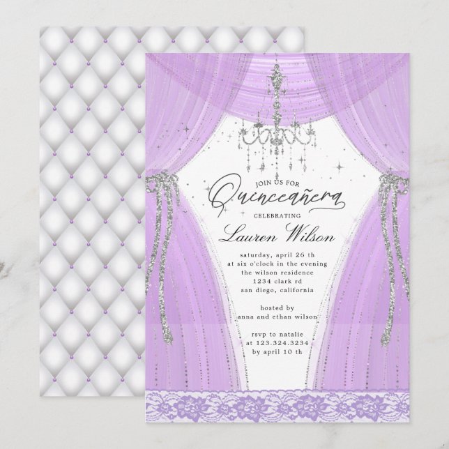 luxurious purple chandelier sparkle Quinceanera Invitation (Front/Back)