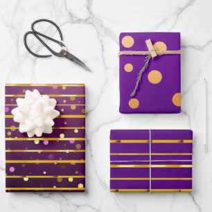 Luxurious Purple & Gold Stripe and Dot Christmas  Wrapping Paper Sheet