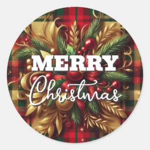 Luxurious Red and Green Plaid Festive Gold Accents Classic Round Sticker