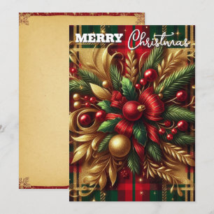 Luxurious Red and Green Plaid Festive Gold Accents Holiday Card