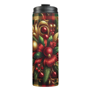 Luxurious Red and Green Plaid Festive Gold Accents Thermal Tumbler