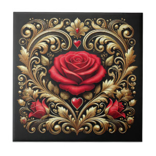 Luxurious Red Rose and Gold Heart Artwork  Ceramic Tile