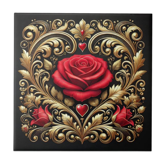 Luxurious Red Rose and Gold Heart Artwork  Ceramic Tile (Front)