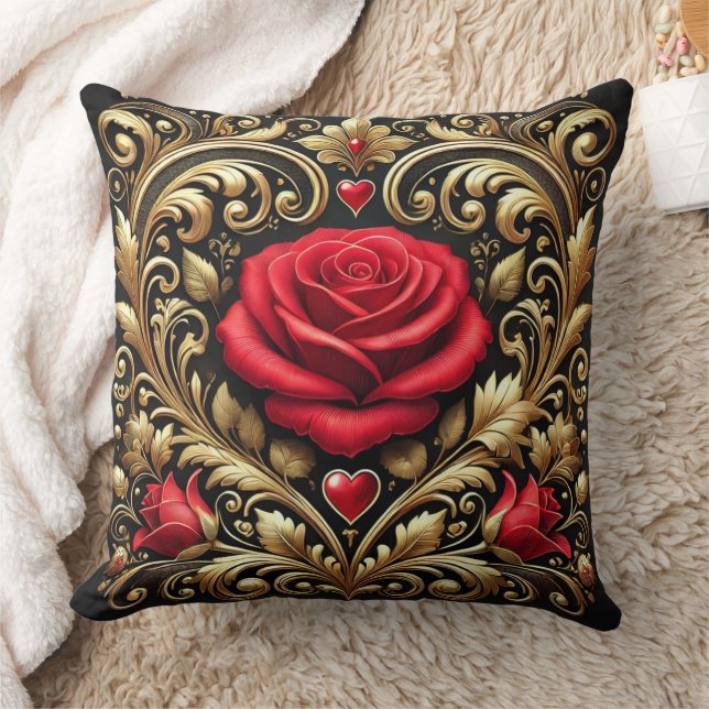  Luxurious Red Rose and Gold Heart Artwork  Cushion (Blanket)