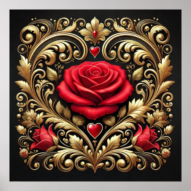  Luxurious Red Rose and Gold Heart Artwork  Poster (Front)