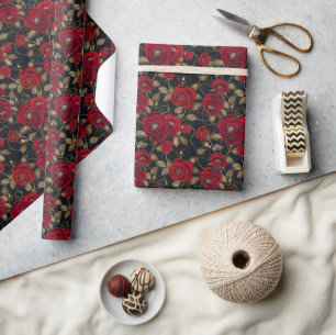 Luxurious Red Rose & Gold Leaf Pattern on Black Wrapping Paper