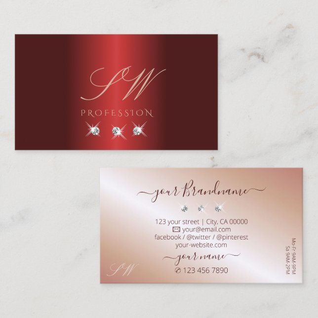 Luxurious Red Rose Gold Sparkle Diamonds Monogram Business Card (Front/Back)