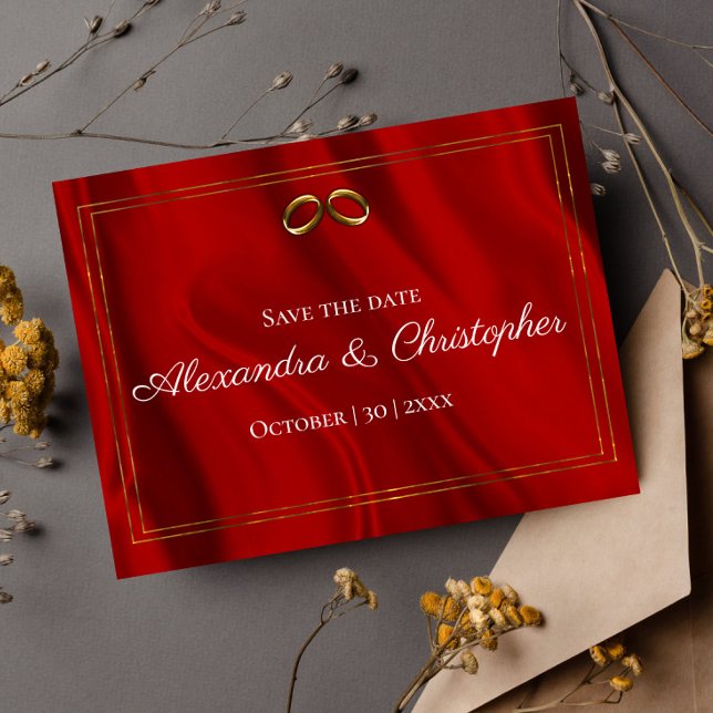Luxurious Red Silk and Gold Wedding Save the Date  Announcement Postcard (Creator Uploaded)