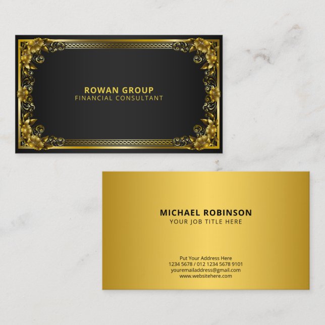Luxurious Regal Gold Frame on Black Business Card (Front/Back)