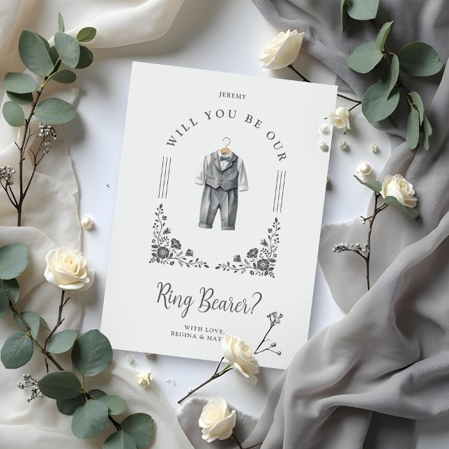 Luxurious Ring Bearer Grey Suit Floral Ornate Dome (Luxurious Ring Bearer Grey Suit Floral Ornate Dome Climbing Arch Effect Proposal Card. )
