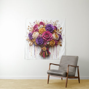 Luxurious Rose Art With Gold and Colourful Drips Tapestry