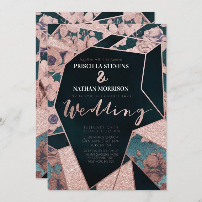 Luxurious Rose Gold Artsy Floral Geometric Wedding Invitation (Front/Back)