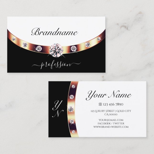 Luxurious Rose Gold Black and White with Initials Business Card (Front/Back)