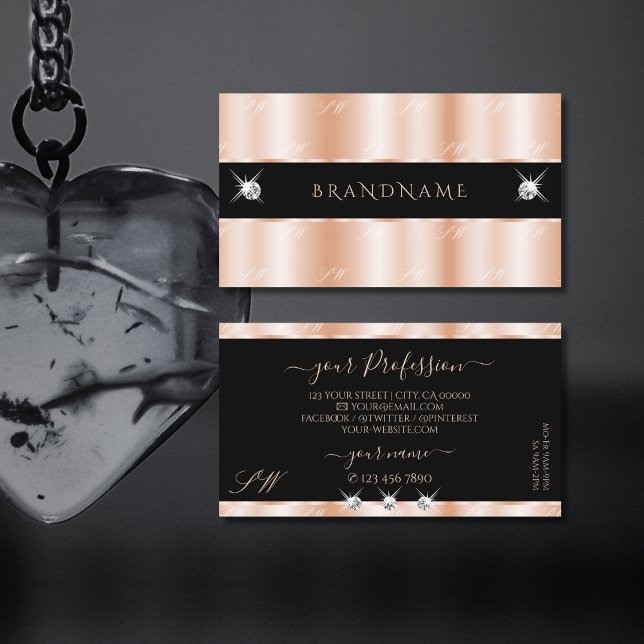 Luxurious Rose Gold Black Sparkle Jewels Monogram Business Card (Creator Uploaded)