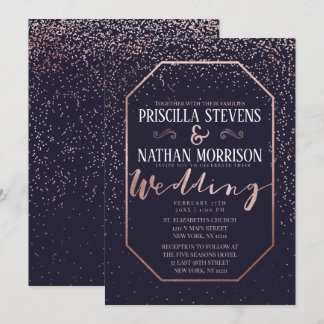 Luxurious Rose Gold Confetti Navy Blue Wedding Invitation