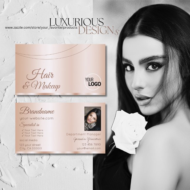 Luxurious Rose Gold Glamourous with Logo and Photo Business Card (Creator Uploaded)