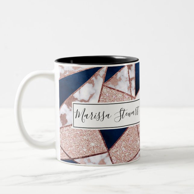Luxurious Rose Gold Glitter Geometric Marble Two-Tone Coffee Mug (Left)