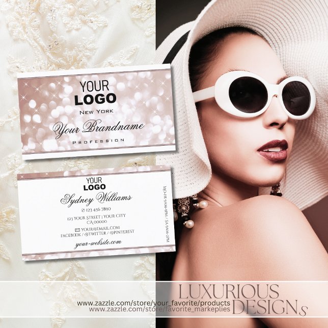 Luxurious Rose Gold Glitter Spark Stars Logo White Business Card (Creator Uploaded)