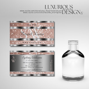 Luxurious Rose Gold Glitter Stars Monogram Silver Business Card