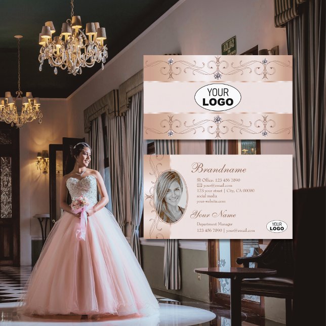Luxurious Rose Gold Ornate Borders Logo and Photo Business Card (Creator Uploaded)