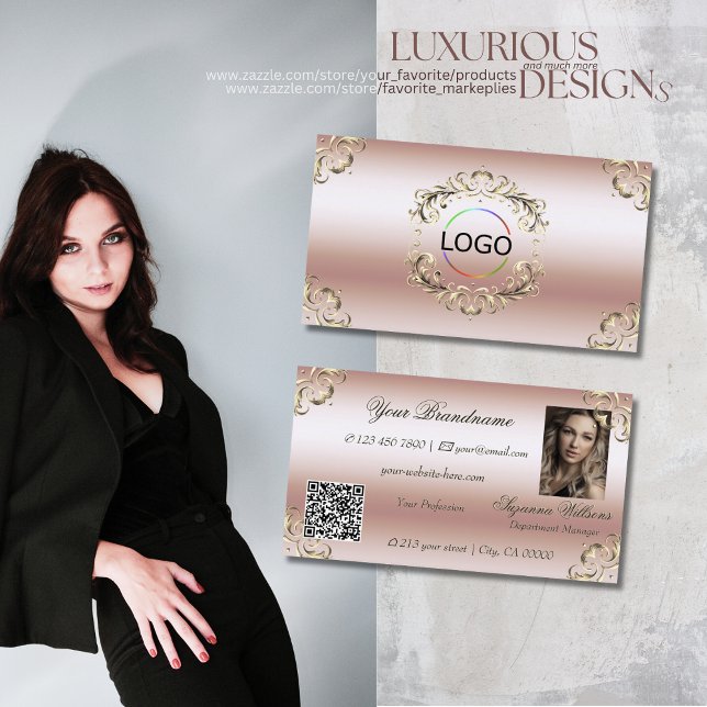 Luxurious Rose Gold Ornate Logo Photo and QR Code Business Card (Creator Uploaded)