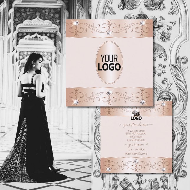 Luxurious Rose Gold Ornate Ornaments Add Logo Luxe Square Business Card (Creator Uploaded)