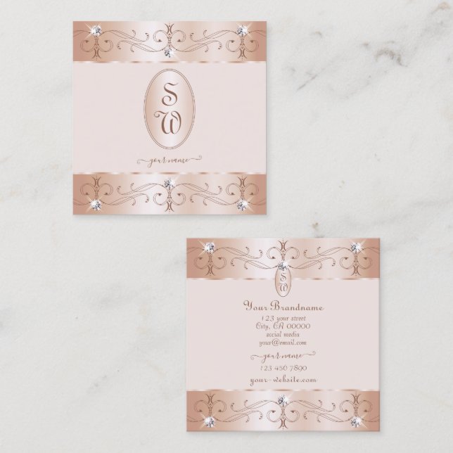 Luxurious Rose Gold Ornate Ornaments Initials Luxe Square Business Card (Front/Back)