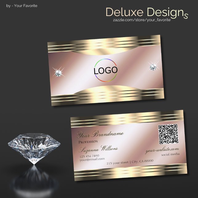 Luxurious Rose Gold Shiny Diamonds Logo QR Code Business Card (Creator Uploaded)