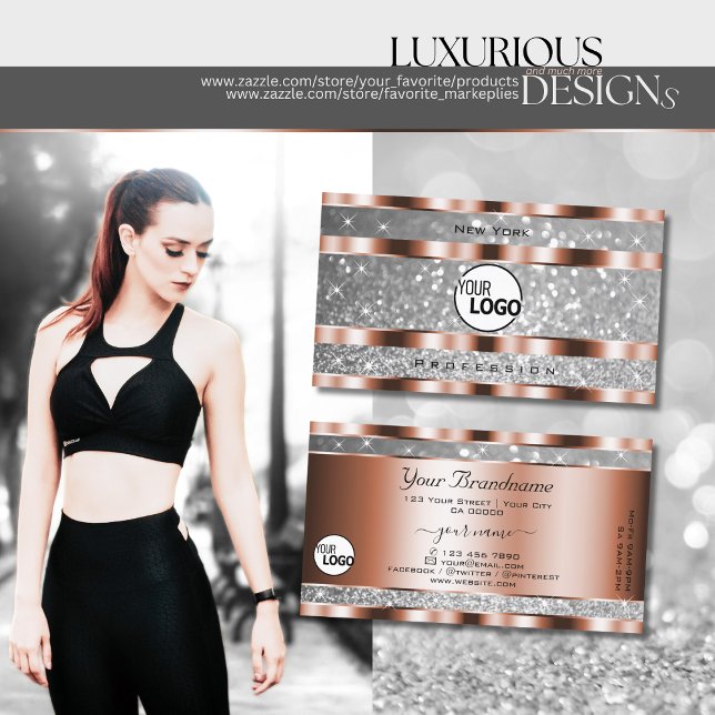 Luxurious Rose Gold Silver Glitter Stars add Logo Business Card (Creator Uploaded)
