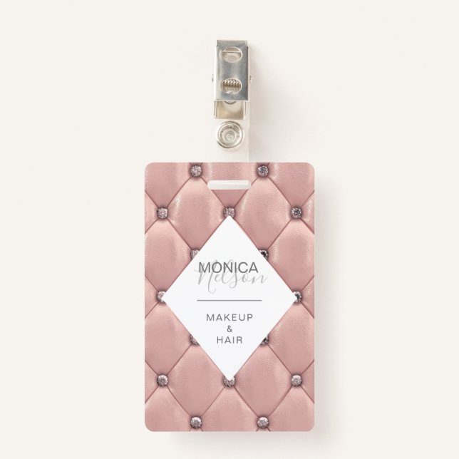 luxurious rose gold tufted monogram ID badge (Front with Clip)