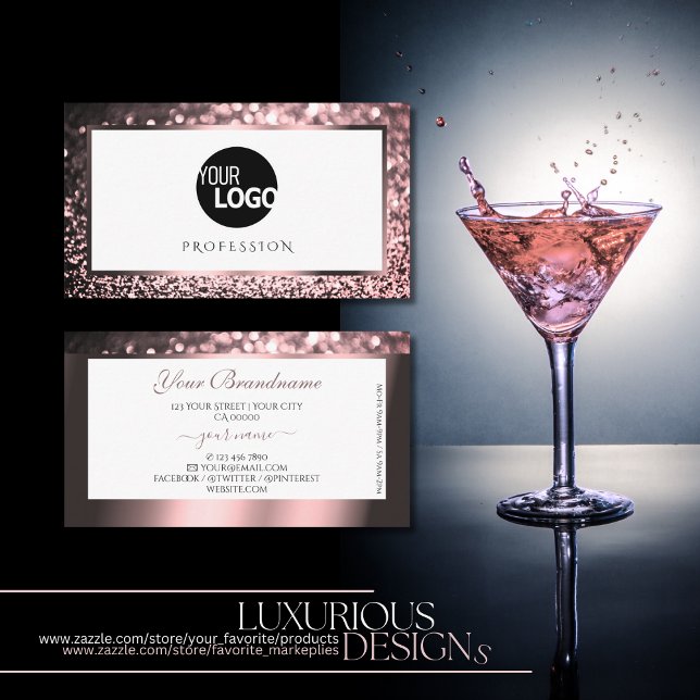 Luxurious Rose Pink and White Sparkle Glitter Logo Business Card (Creator Uploaded)