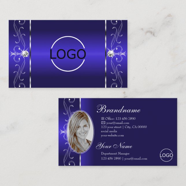 Luxurious Royal Blue Squiggled Jewels Logo & Photo Business Card (Front/Back)