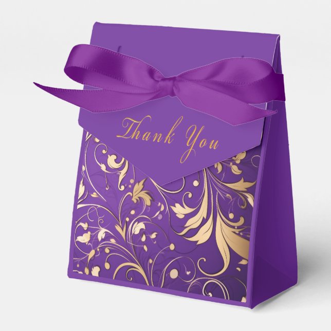 Luxurious Royal Purple and Gold Damask Patterned Favour Box (Front Side)