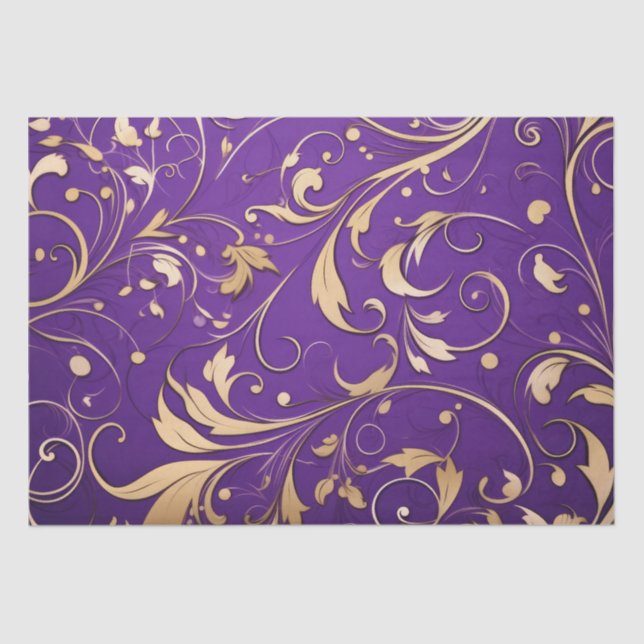 Luxurious Royal Purple and Gold Damask Patterned Tissue Paper (Front)