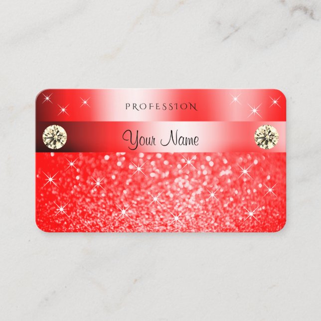 Luxurious Ruby Red Glitter Sparkle Stars Diamonds Business Card (Front)