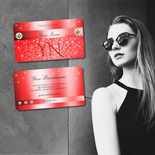 Luxurious Ruby Red Glitter Sparkle Stars Monogram Business Card (Creator Uploaded)