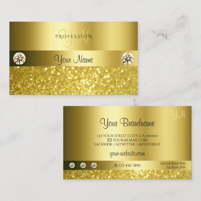 Luxurious Shimmery Glitter Monogram Luminous Gold Business Card (Front/Back)