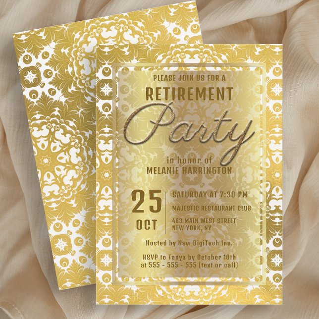 Luxurious Shiny Gold Damask Retirement Party Invitation (Creator Uploaded)