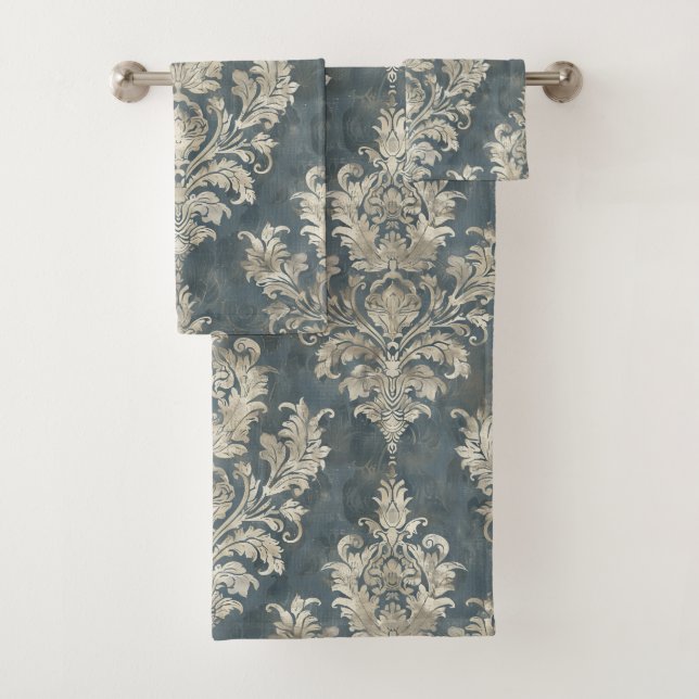 Luxurious Silver Damask on Blue Background Bath Towel Set (Insitu)