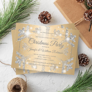 Luxurious Silver Glitter Snow Xmas Holiday Gold  Invitation