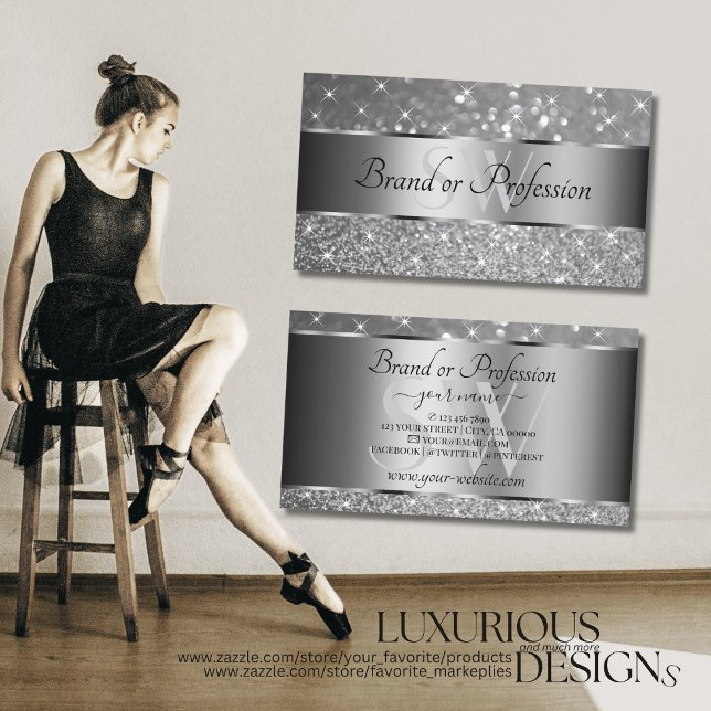 Luxurious Silver Glitter Sparkle Stars Monogram Business Card (Creator Uploaded)
