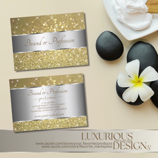Luxurious Silver Gold Glitter Spark Stars Elegance Business Card (Creator Uploaded)