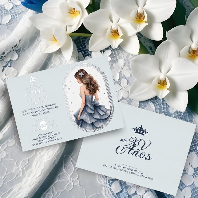 Luxurious Silver Oval Frame Charming Quinceañera  (Spanish Luxurious Silver Oval Frame Charming Quinceañera Doll Illustration in Blue Shades invitation)