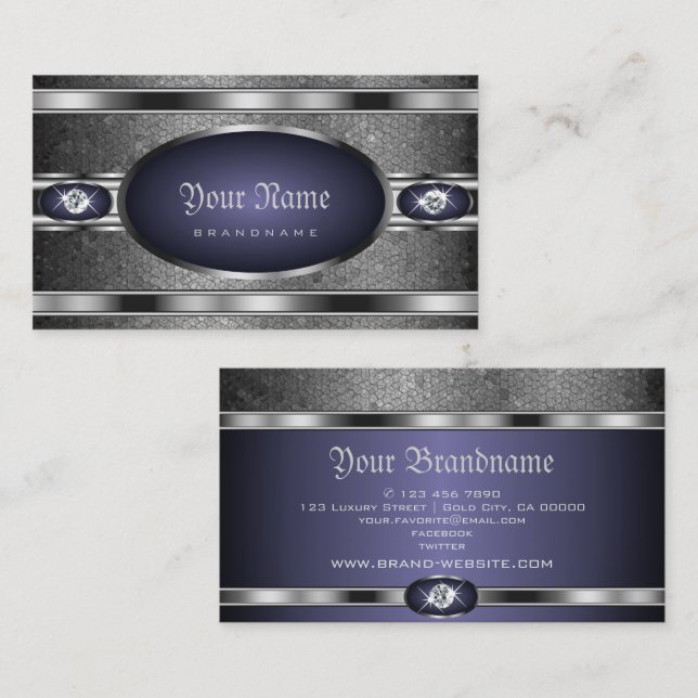 Luxurious Silver Pattern Blue with Faux Diamonds Business Card (Front/Back)