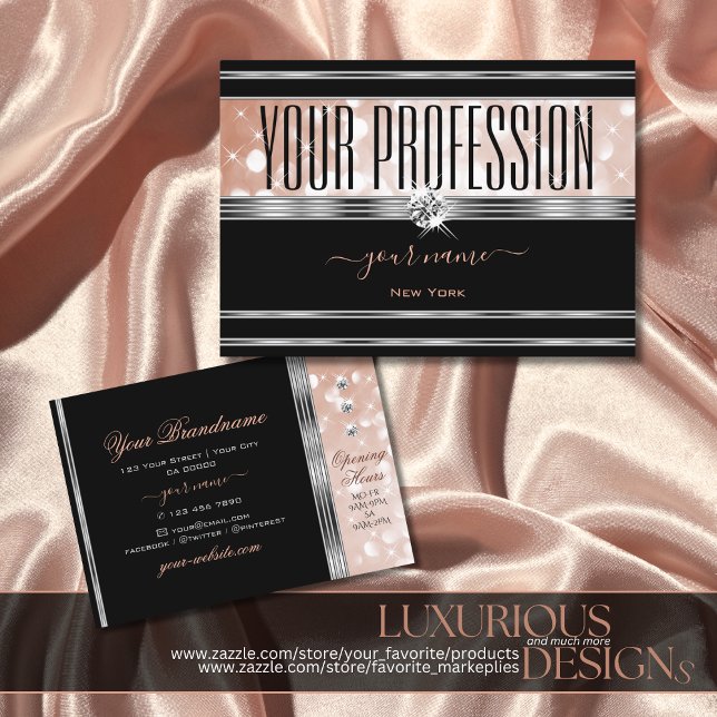 Luxurious Silver Rose Gold Glitter Diamonds Black Business Card (Creator Uploaded)