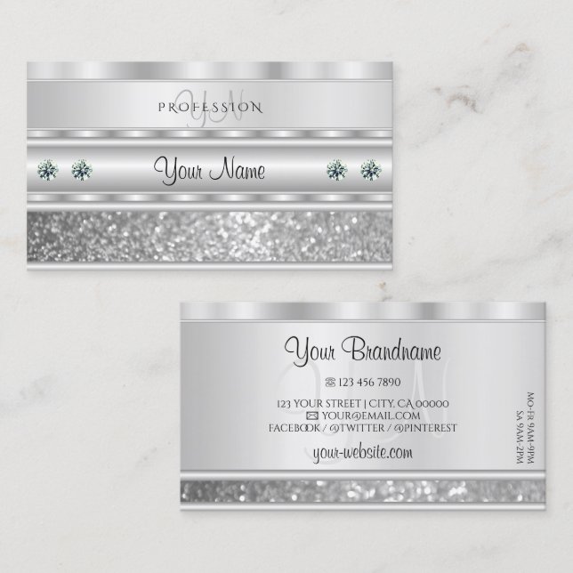 Luxurious Silver Sparkling Glitter with Monogram Business Card (Front/Back)