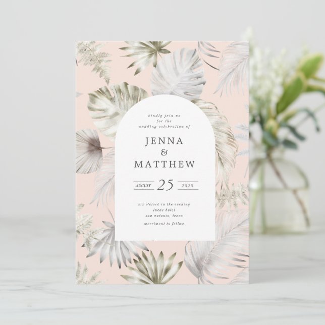 Luxurious Silver Tropical Foliage Wedding Invitation (Standing Front)
