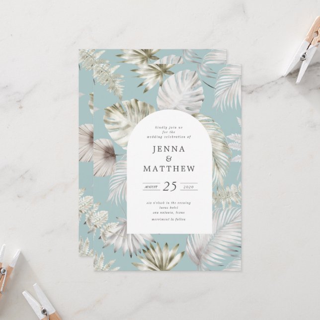 Luxurious Silver Tropical Foliage Wedding Invitation (Front/Back In Situ)