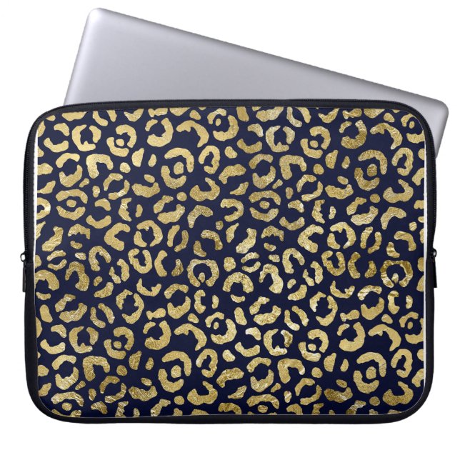 Luxurious Stylish Gold Navy Leopard Print Laptop Sleeve (Front)
